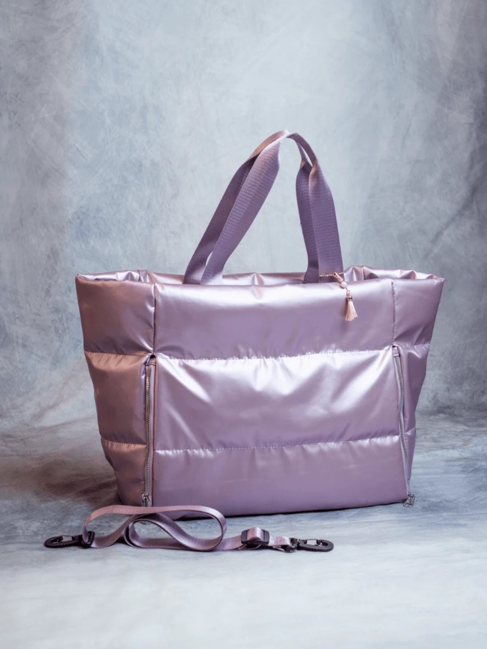 NWOT Metallic Purple Puffer Tote Bag with Removable Adjustable Shoulder Strap